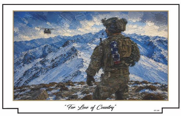 Painting of a soldier in camouflage with a helicopter and mountainous landscape in the background, featuring the text 'For Love of Country'.